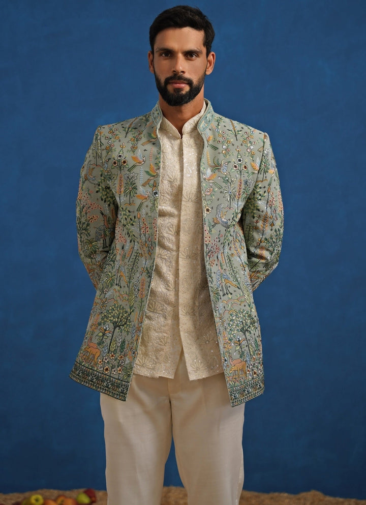 Sage Green and Ivory Georgette Jodhpuri Set Kalpraag - Fabilicious Fashion