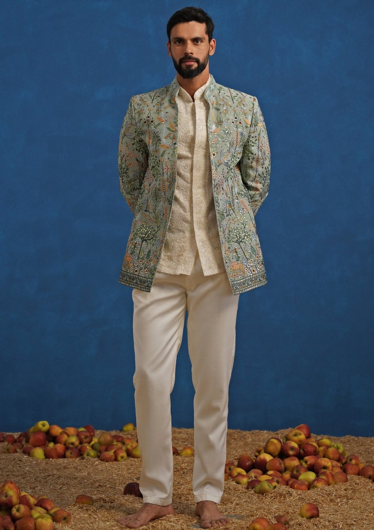 Sage green and ivory georgette Jodhpuri set for men by Kalpraag