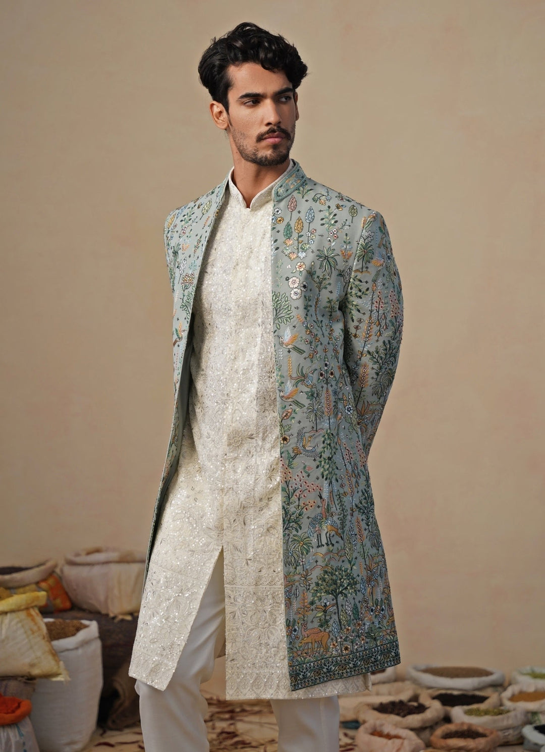 Sage Green and Ivory Indowestern Kurta Jacket Set Kalpraag - Fabilicious Fashion