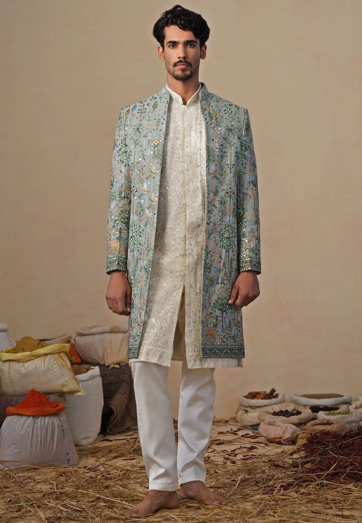 Sage Green and Ivory Indowestern Kurta Jacket Set Kalpraag - Fabilicious Fashion