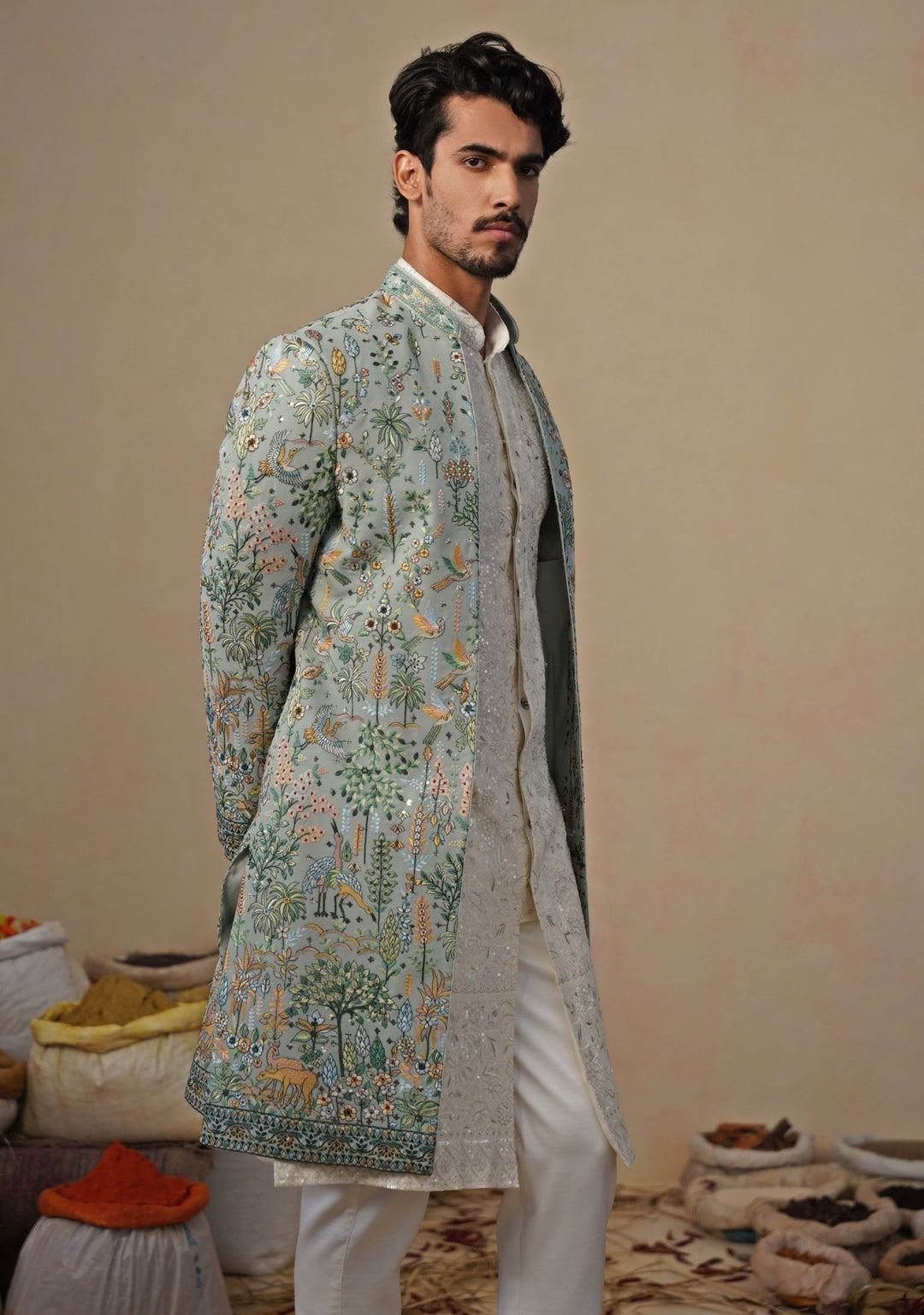 Sage Green and Ivory Indowestern Kurta Jacket Set Kalpraag - Fabilicious Fashion