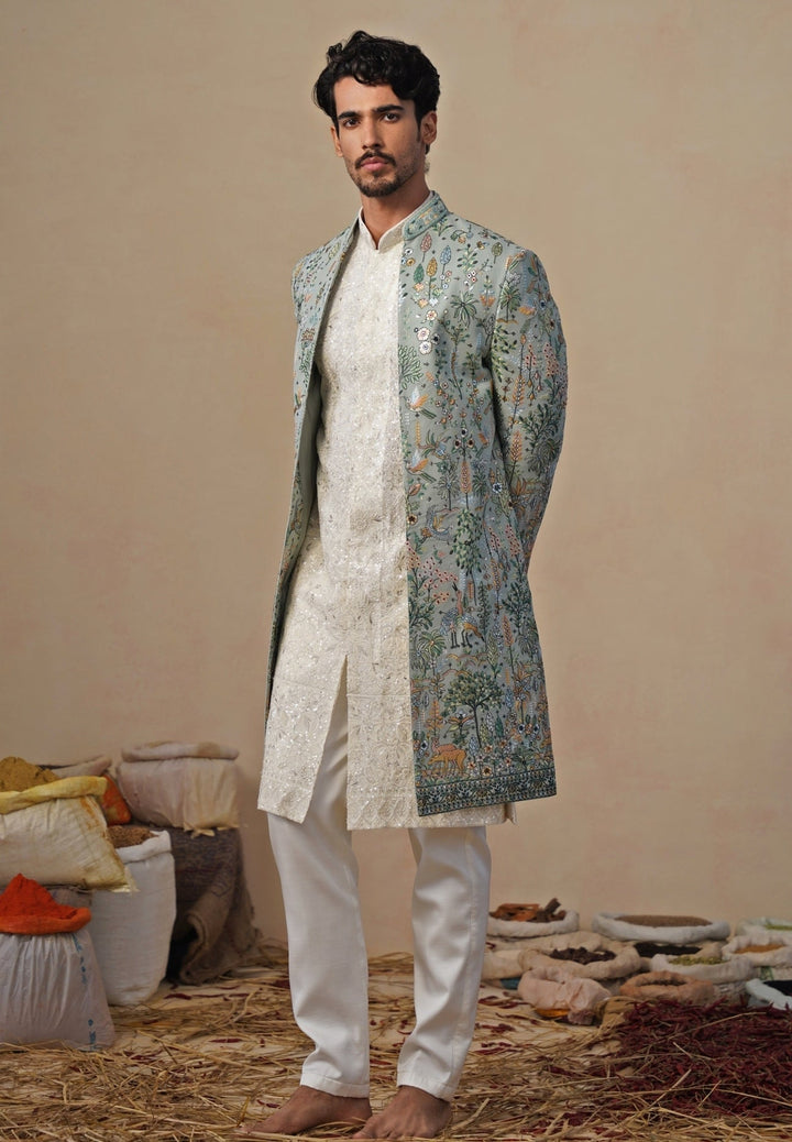 Sage Green and Ivory Indowestern Kurta Jacket Set Kalpraag - Fabilicious Fashion