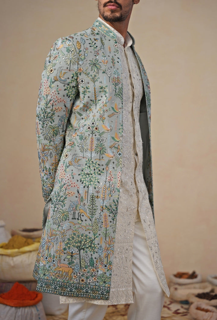 Sage Green and Ivory Indowestern Kurta Jacket Set Kalpraag - Fabilicious Fashion