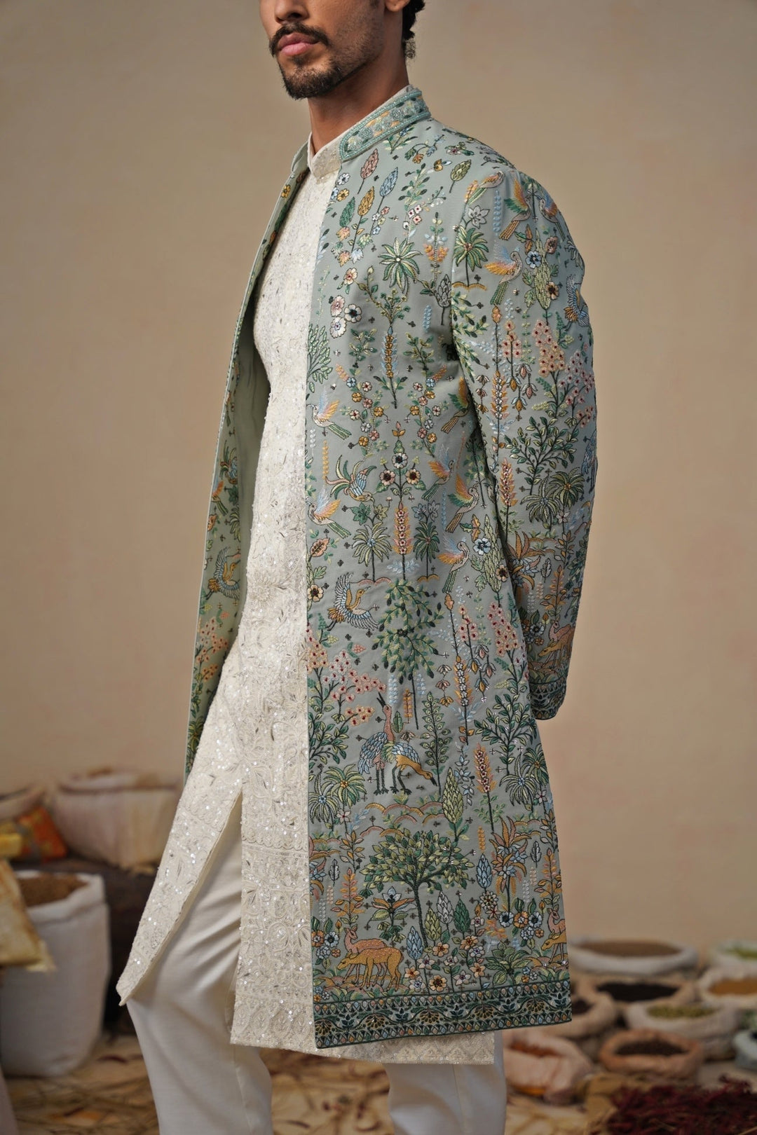 Sage Green and Ivory Indowestern Kurta Jacket Set Kalpraag - Fabilicious Fashion