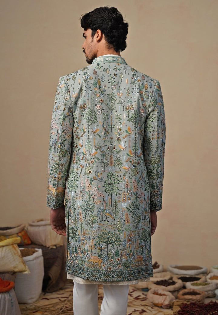 Sage Green and Ivory Indowestern Kurta Jacket Set Kalpraag - Fabilicious Fashion