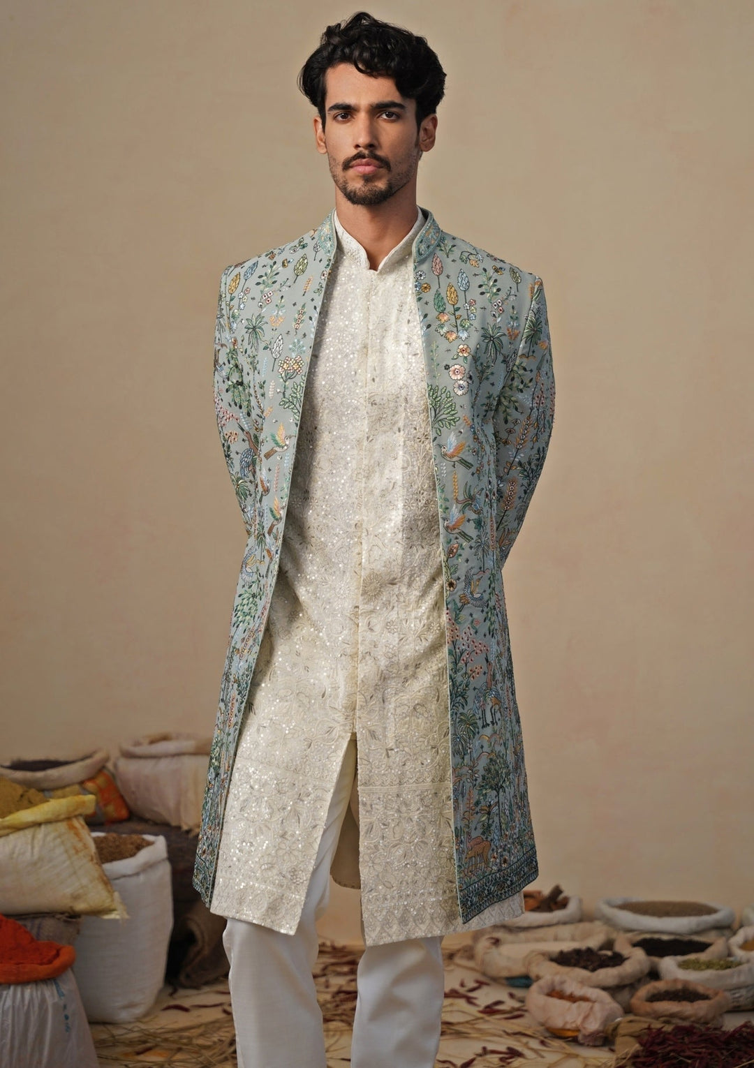 Sage Green and Ivory Indowestern Kurta Jacket Set Kalpraag - Fabilicious Fashion