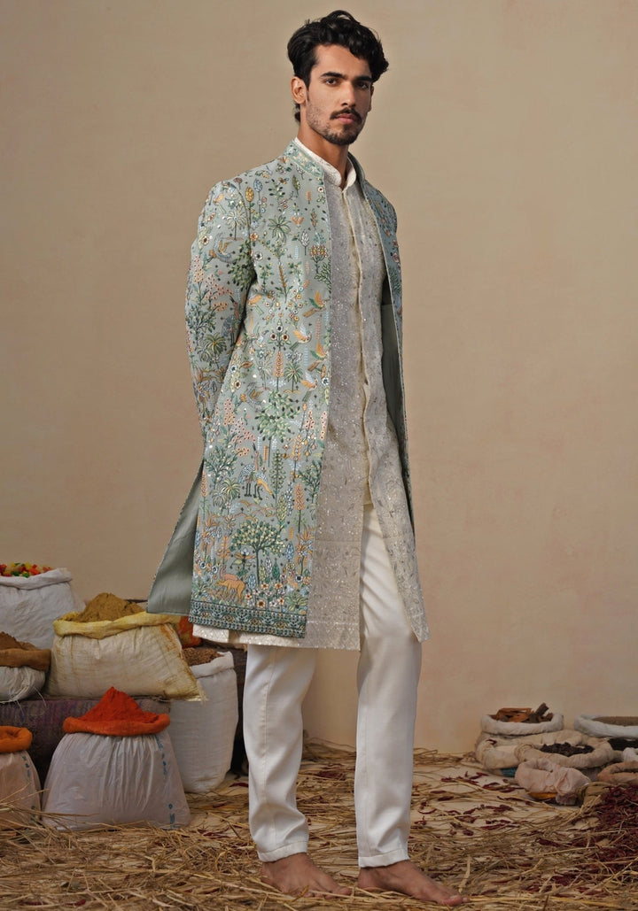 Sage Green and Ivory Indowestern Kurta Jacket Set Kalpraag - Fabilicious Fashion