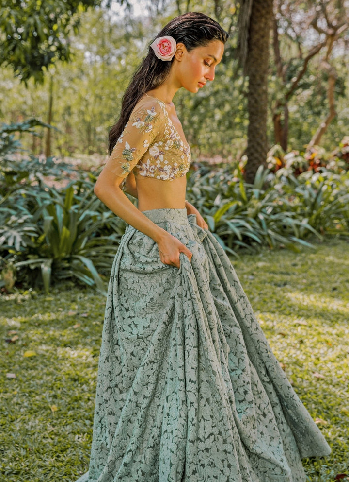 The Little Black Bow Sage Green And Nude Lace Lehenga SetFabilicious Fashion