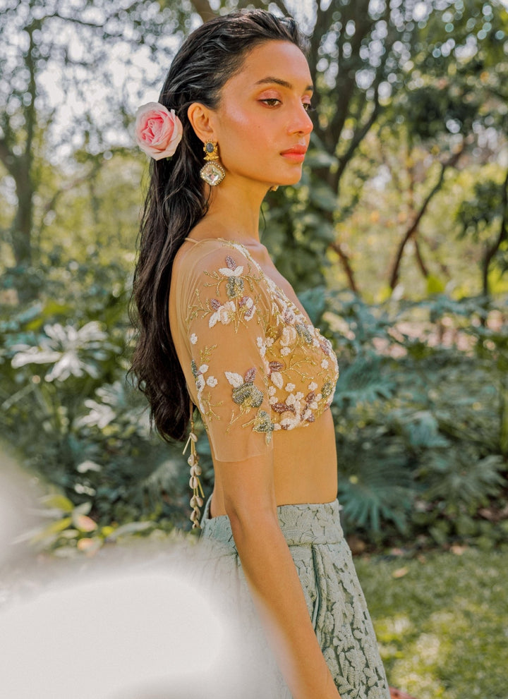 The Little Black Bow Sage Green And Nude Lace Lehenga SetFabilicious Fashion