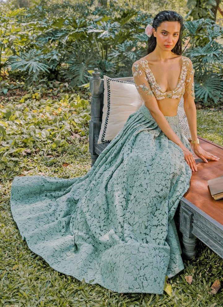The Little Black Bow Sage Green And Nude Lace Lehenga SetFabilicious Fashion