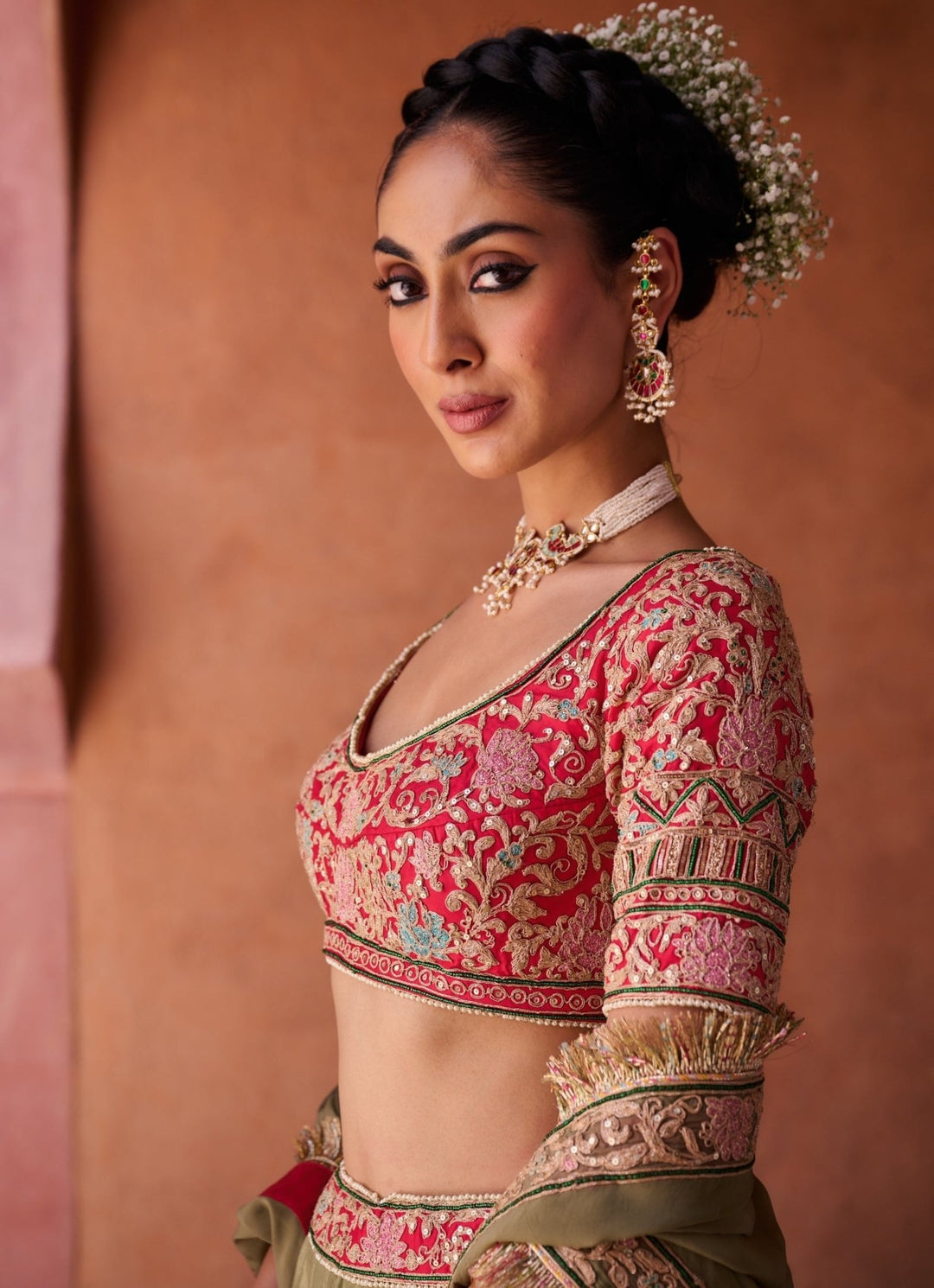 Sage Green And Red Silk Lehenga Set KAPDA DORI - Fabilicious Fashion