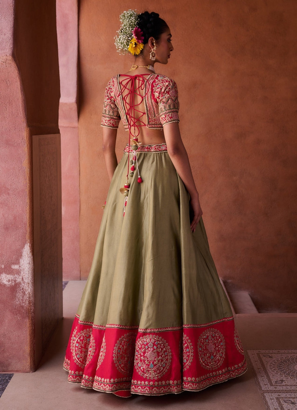 Sage Green And Red Silk Lehenga Set KAPDA DORI - Fabilicious Fashion