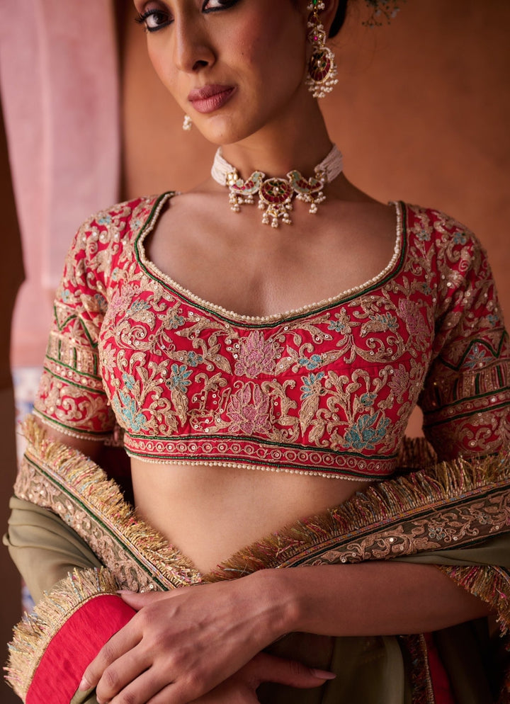Sage Green And Red Silk Lehenga Set KAPDA DORI - Fabilicious Fashion