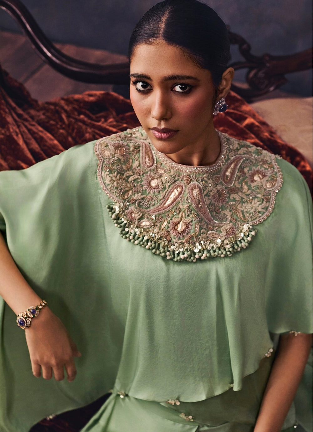 Prisho Sage Green Asymmetric Silk Kaftan Pants SetFabilicious Fashion