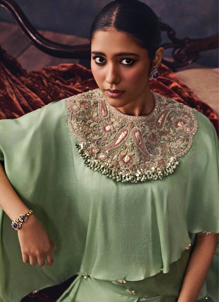 Prisho Sage Green Asymmetric Silk Kaftan Pants SetFabilicious Fashion