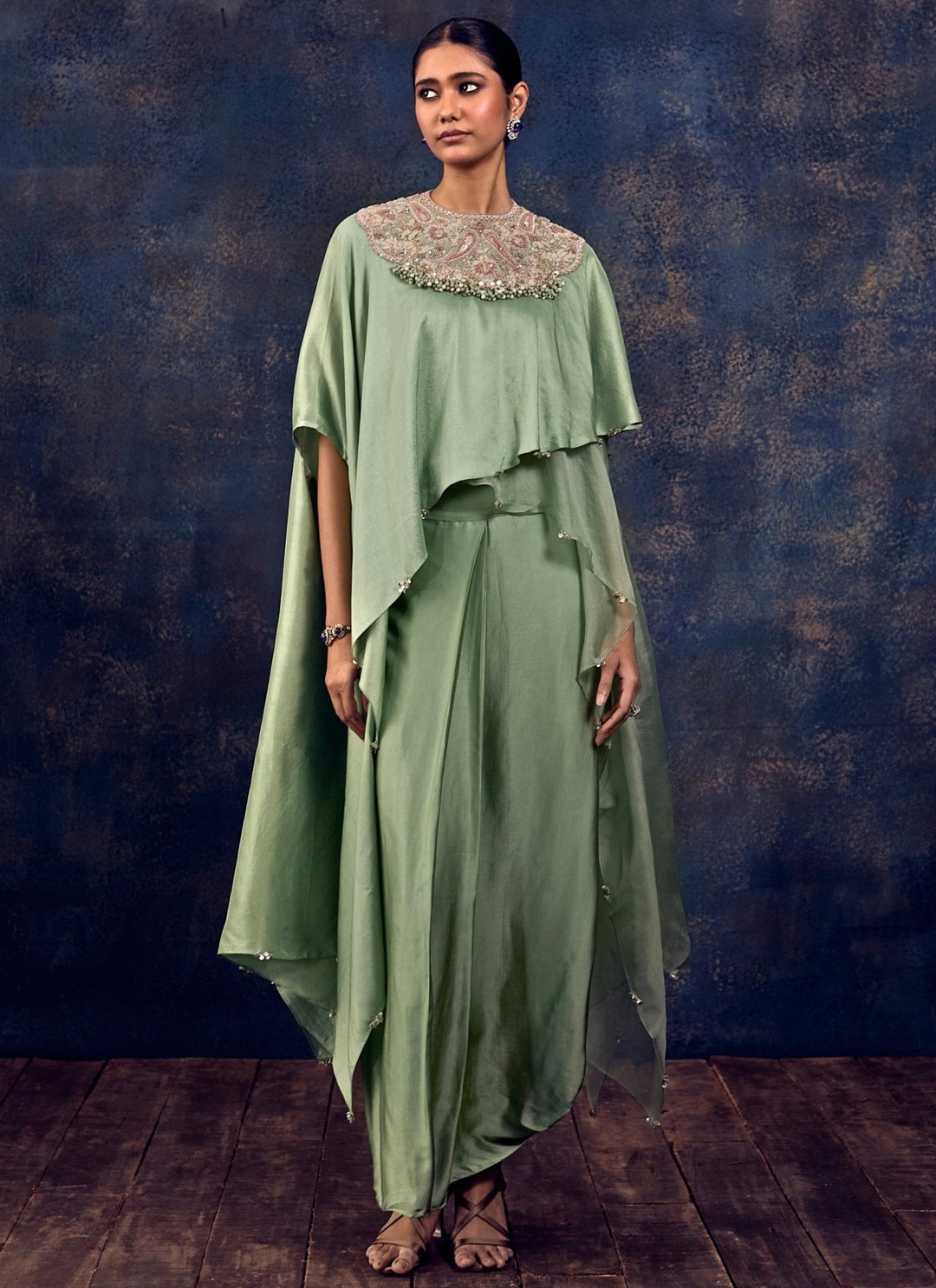 Prisho Sage Green Asymmetric Silk Kaftan Pants SetFabilicious Fashion