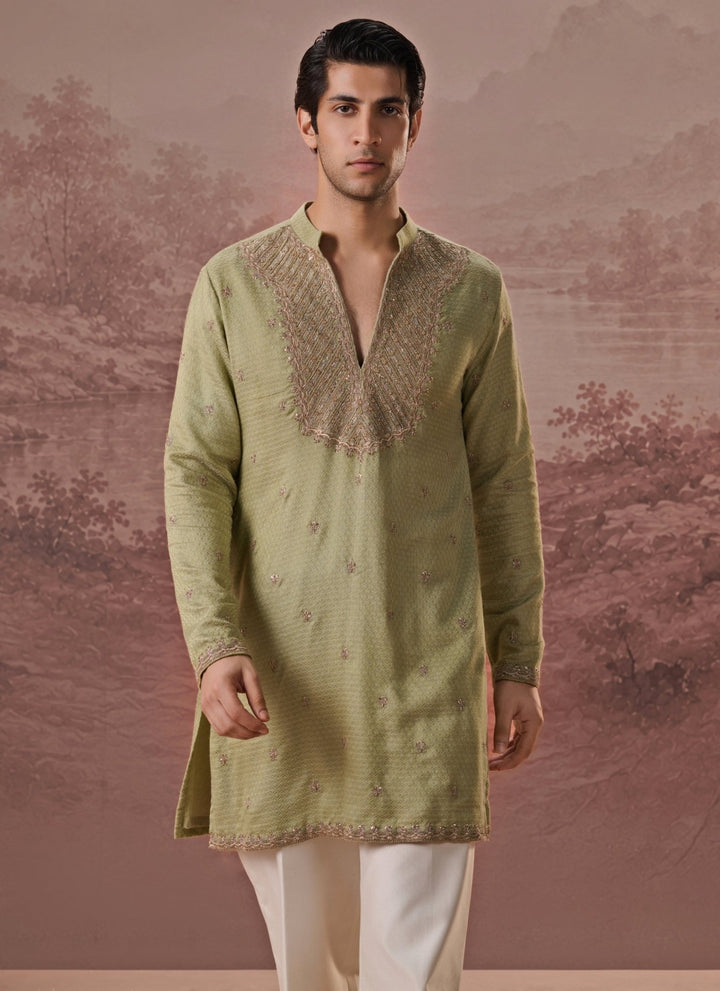 Contrast by Parth Sage Green Bagalpuri Silk Kurta SetFabilicious Fashion