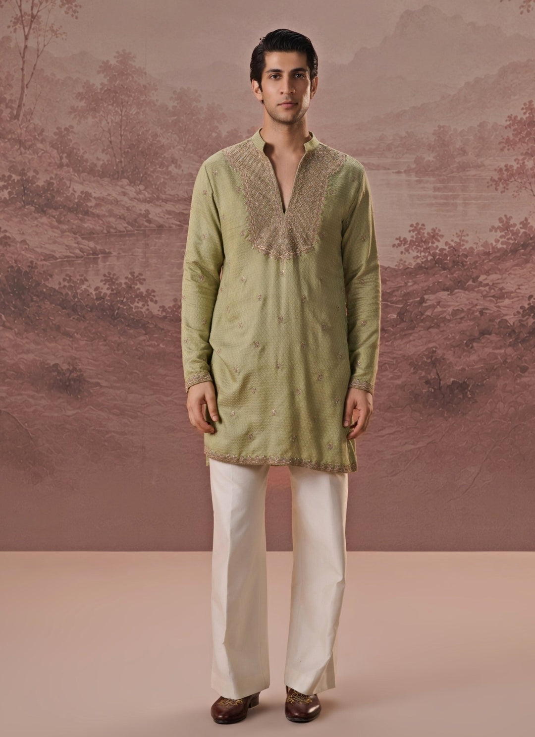 Contrast by Parth Sage Green Bagalpuri Silk Kurta SetFabilicious Fashion