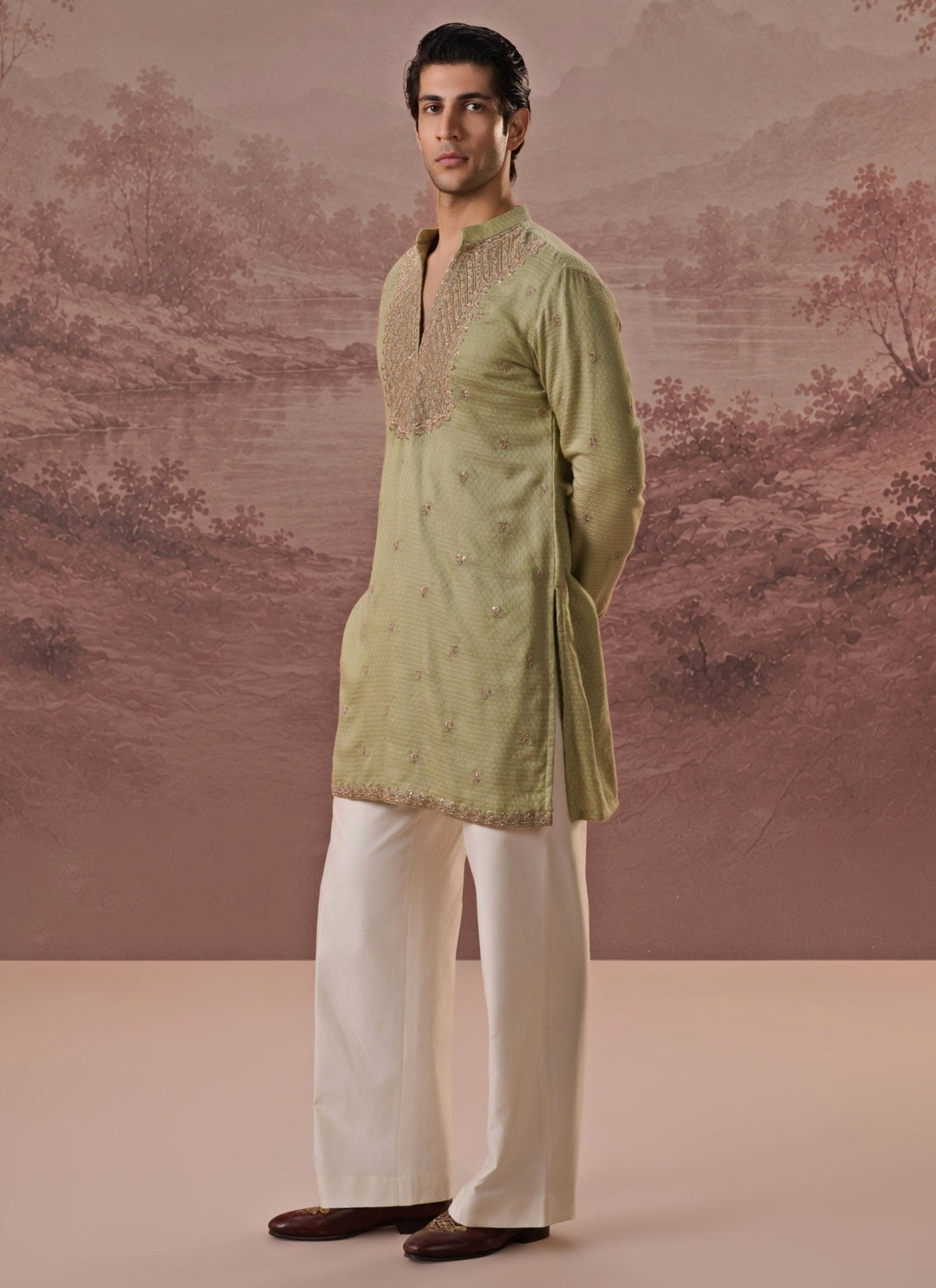 Contrast by Parth Sage Green Bagalpuri Silk Kurta SetFabilicious Fashion