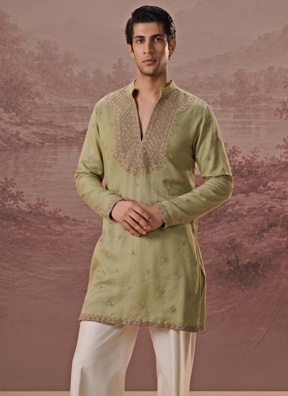 Contrast by Parth Sage Green Bagalpuri Silk Kurta SetFabilicious Fashion