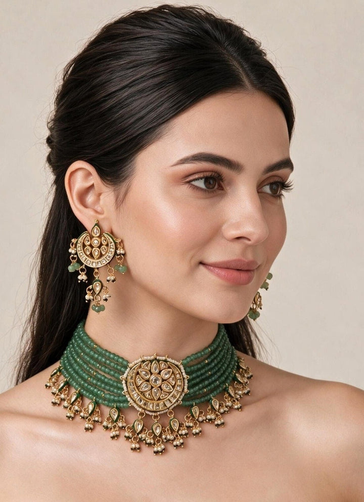 Vivinia By Vidhi Mehra Sage Green Beaded Gold Kundan Choker SetFabilicious Fashion