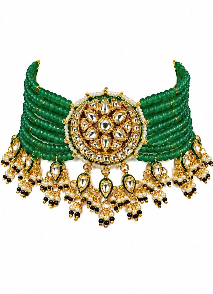 Vivinia By Vidhi Mehra Sage Green Beaded Gold Kundan Choker SetFabilicious Fashion