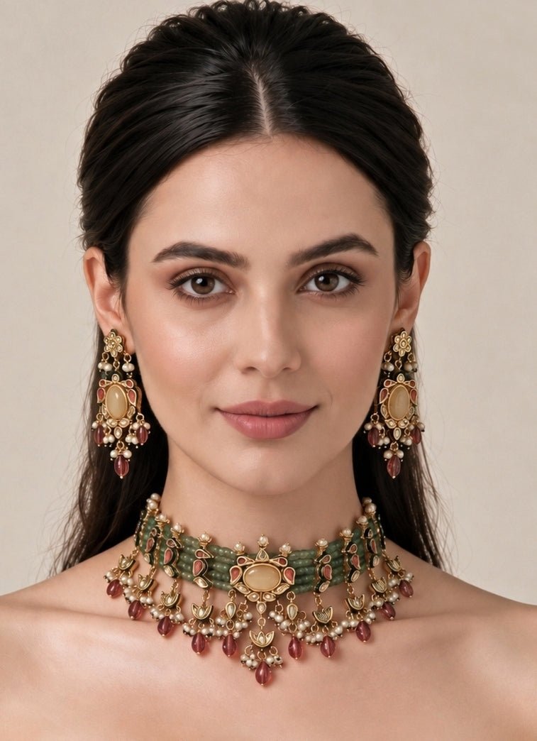 Vivinia By Vidhi Mehra Sage Green Beaded Kundan Choker SetFabilicious Fashion
