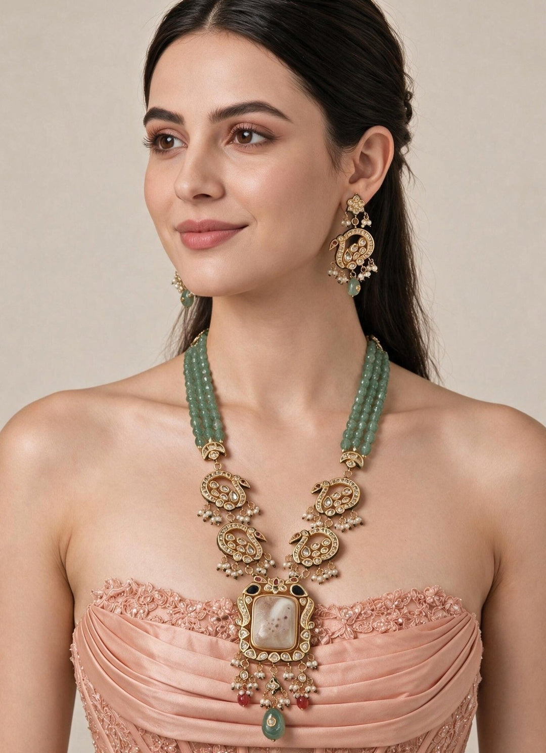 Vivinia By Vidhi Mehra Sage Green Beaded Kundan Long Necklace SetFabilicious Fashion
