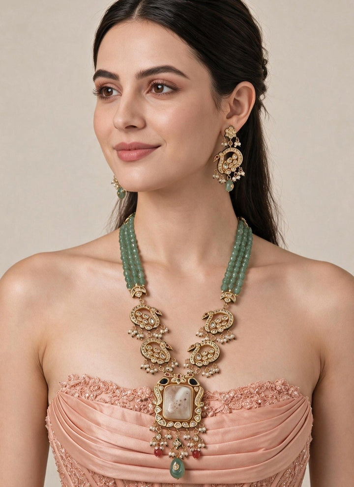 Vivinia By Vidhi Mehra Sage Green Beaded Kundan Long Necklace SetFabilicious Fashion