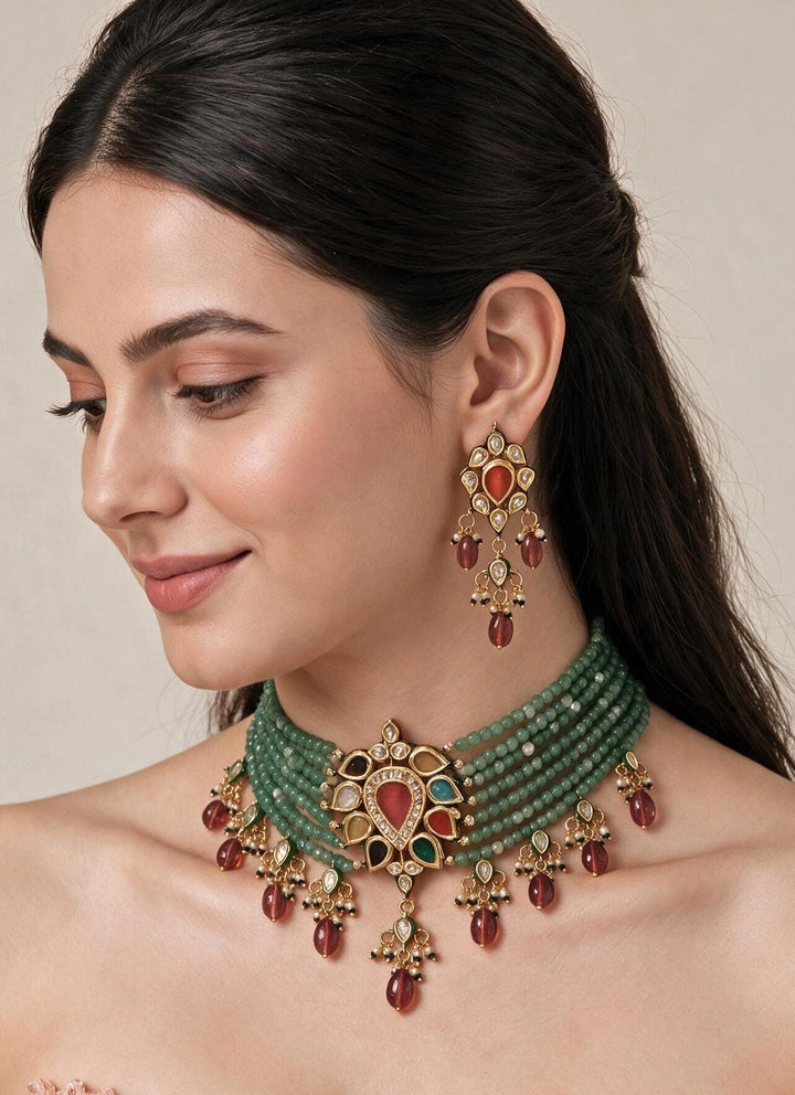 Vivinia By Vidhi Mehra Sage Green Beads And Kundan Choker SetFabilicious Fashion