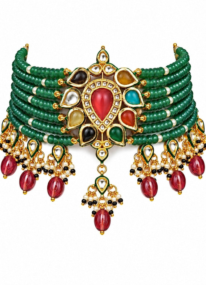 Vivinia By Vidhi Mehra Sage Green Beads And Kundan Choker SetFabilicious Fashion