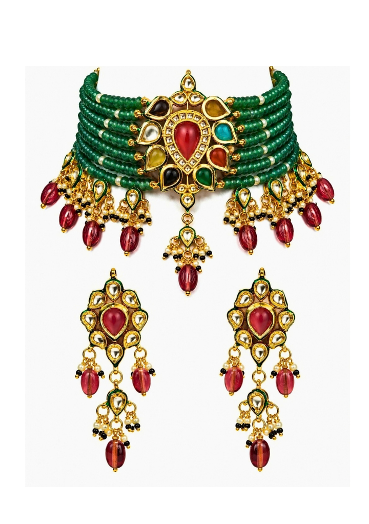 Vivinia By Vidhi Mehra Sage Green Beads And Kundan Choker SetFabilicious Fashion
