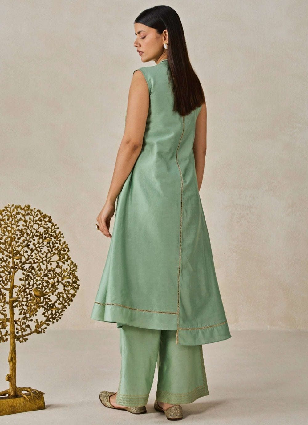 Sage Green Chanderi Applique Kurta Palazzo Set Nitika Gujral - Fabilicious Fashion