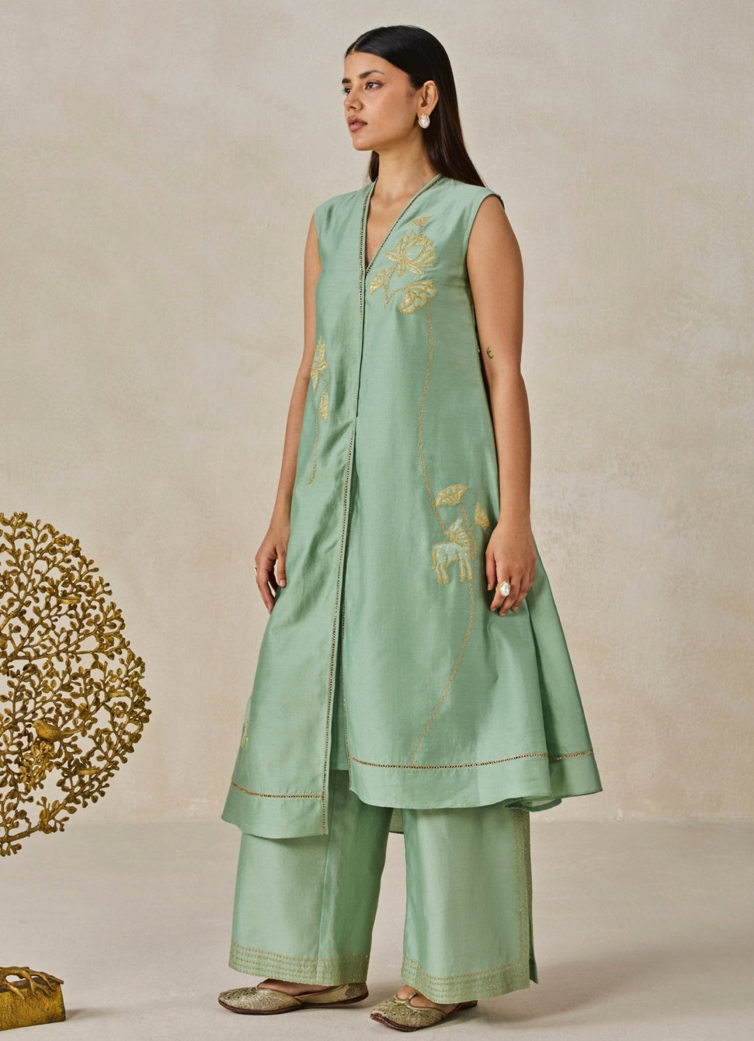 Sage Green Chanderi Applique Kurta Palazzo Set Nitika Gujral - Fabilicious Fashion