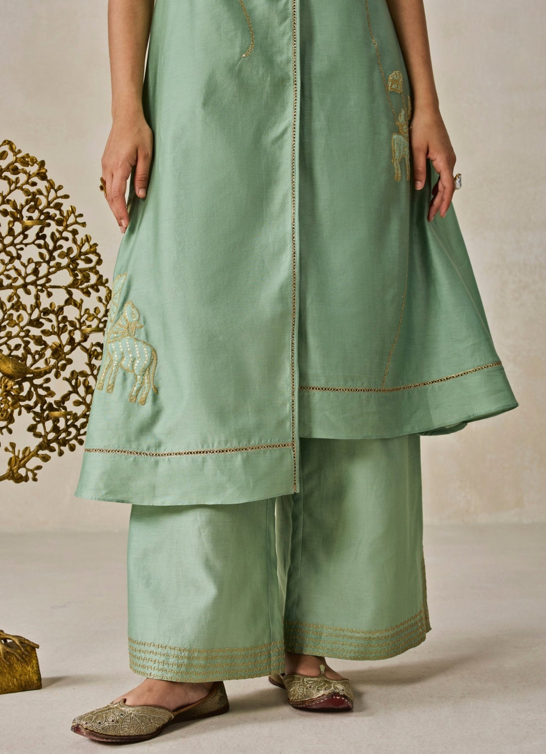 Sage Green Chanderi Applique Kurta Palazzo Set Nitika Gujral - Fabilicious Fashion