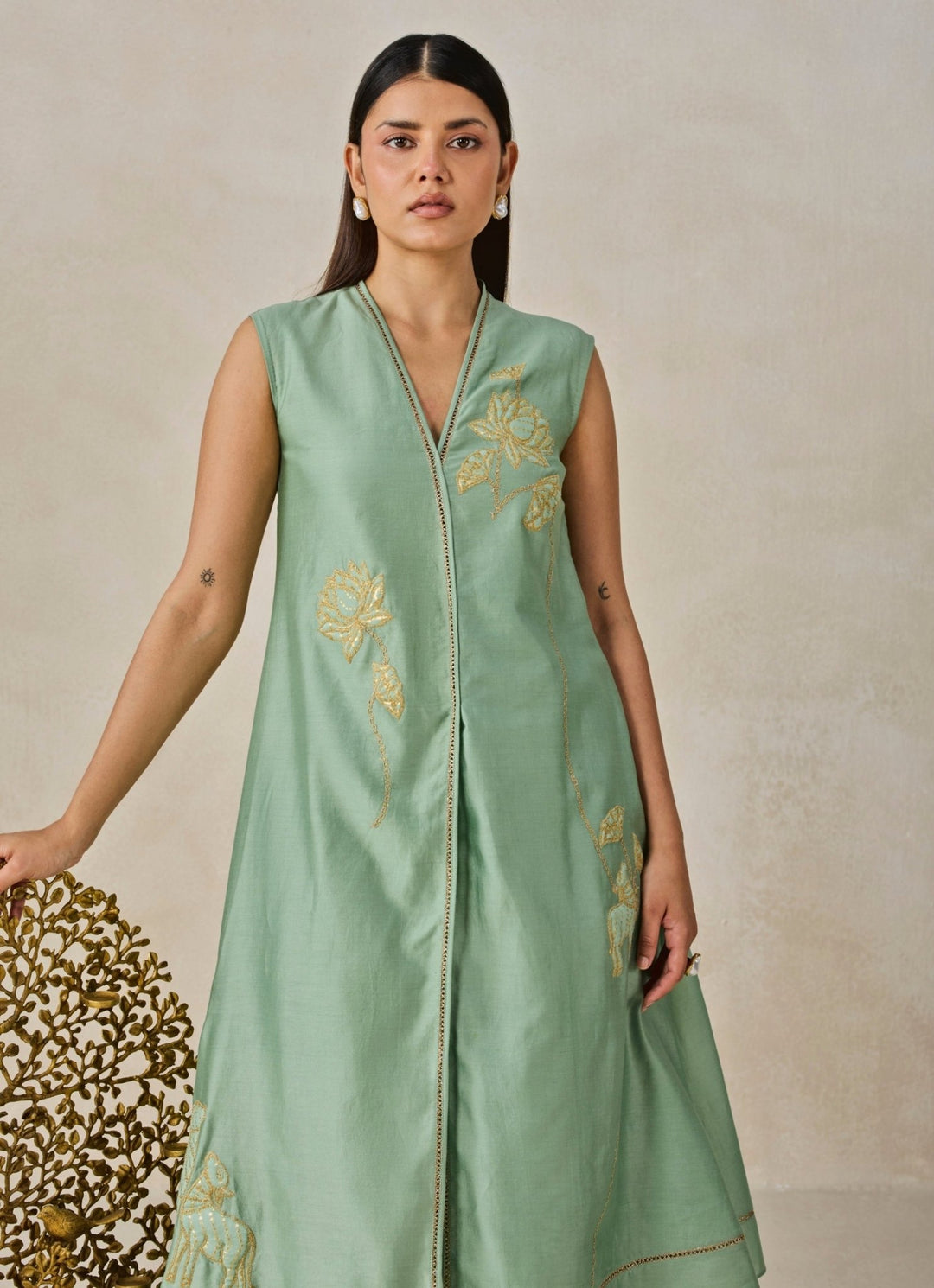 Sage Green Chanderi Applique Kurta Palazzo Set Nitika Gujral - Fabilicious Fashion