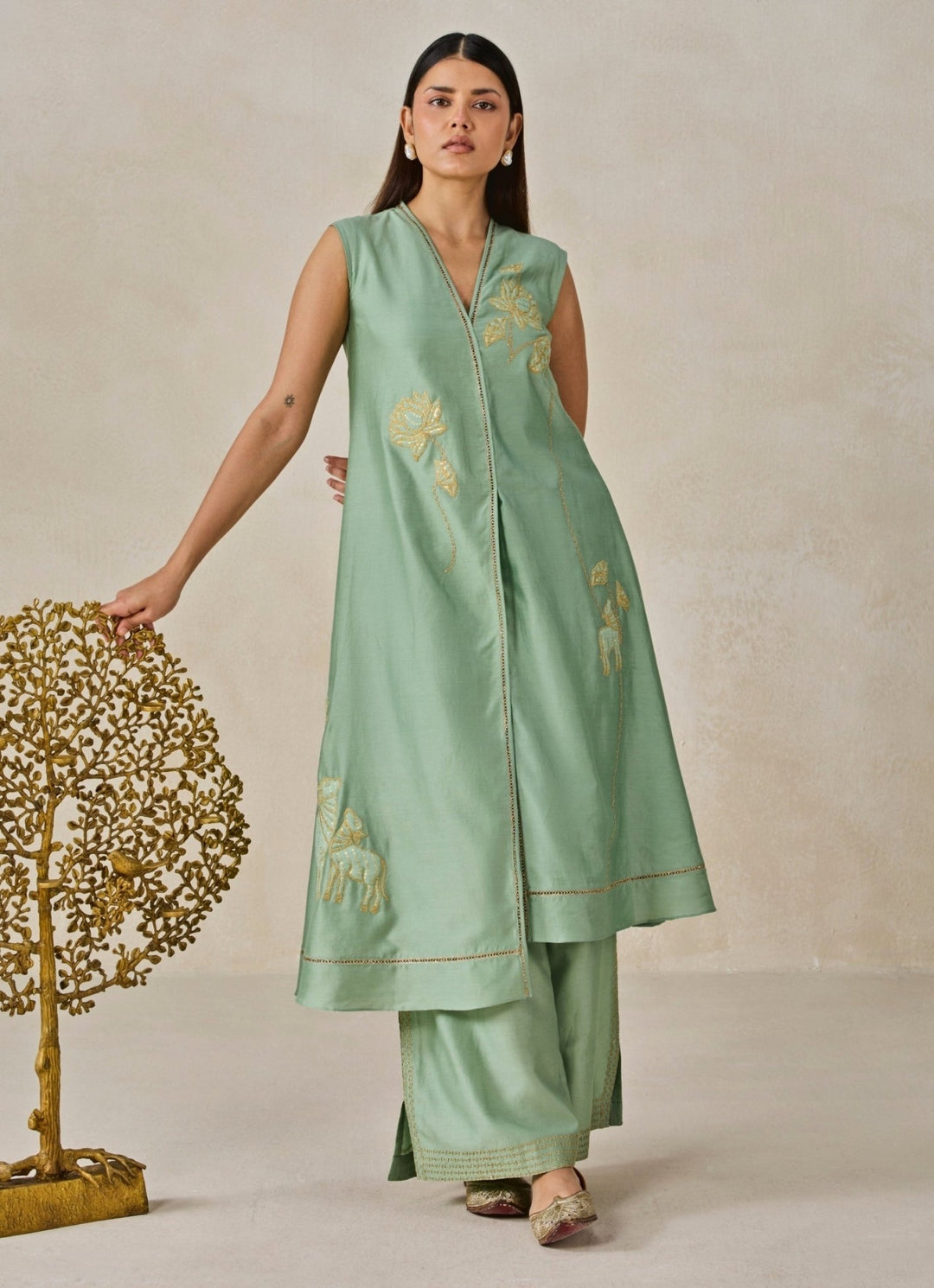 Sage Green Chanderi Applique Kurta Palazzo Set Nitika Gujral - Fabilicious Fashion