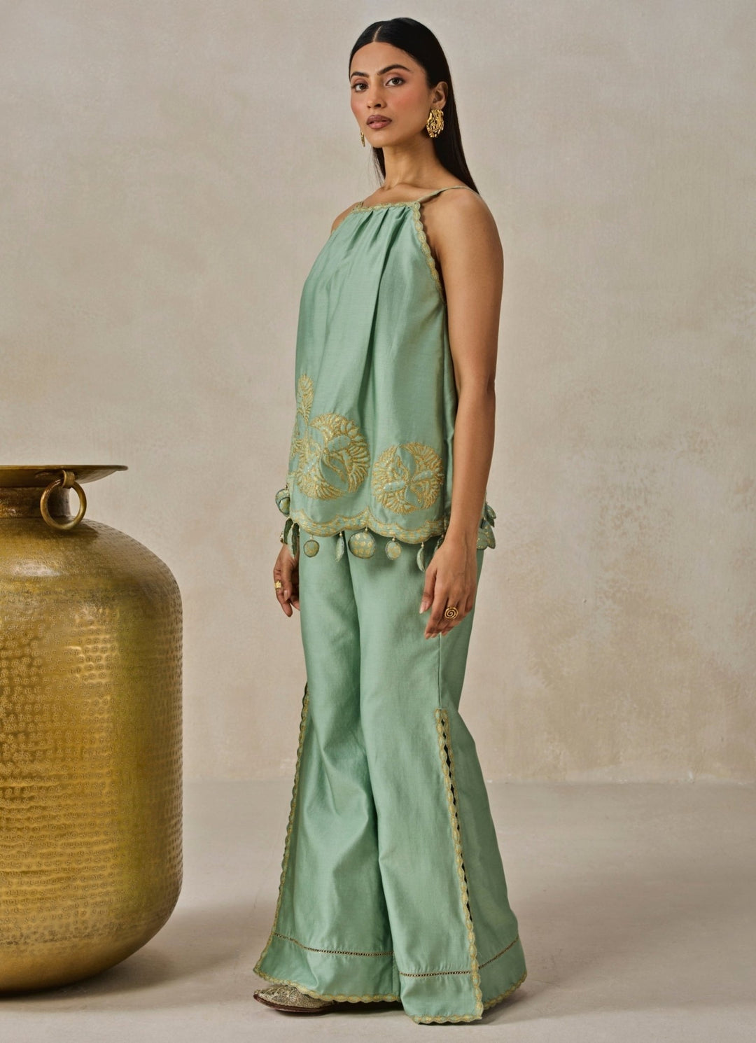 Nitika Gujral Sage Green Chanderi Applique Top And Palazzo SetFabilicious Fashion