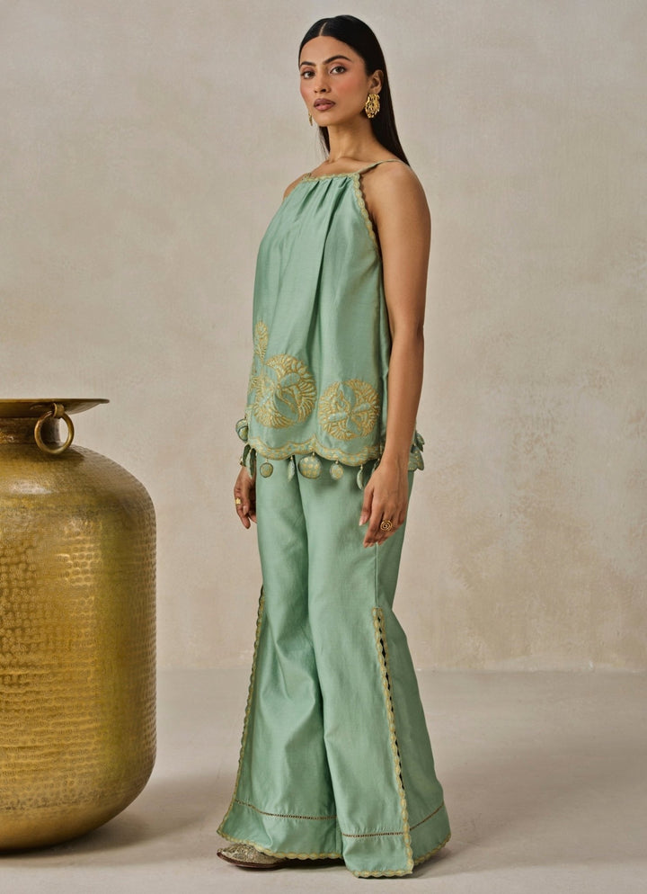 Nitika Gujral Sage Green Chanderi Applique Top And Palazzo SetFabilicious Fashion