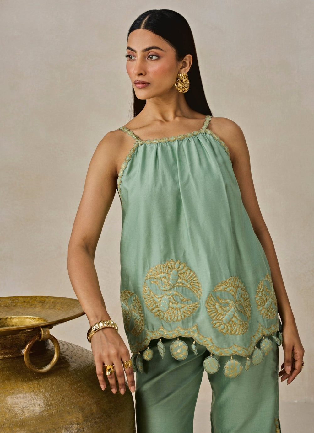 Sage Green Chanderi Applique Top And Palazzo Set Nitika Gujral - Fabilicious Fashion