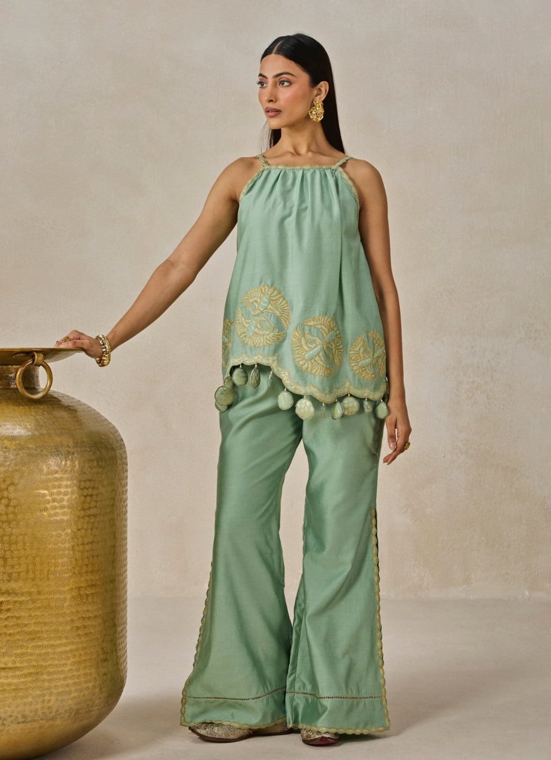 Sage Green Chanderi Applique Top And Palazzo Set Nitika Gujral - Fabilicious Fashion