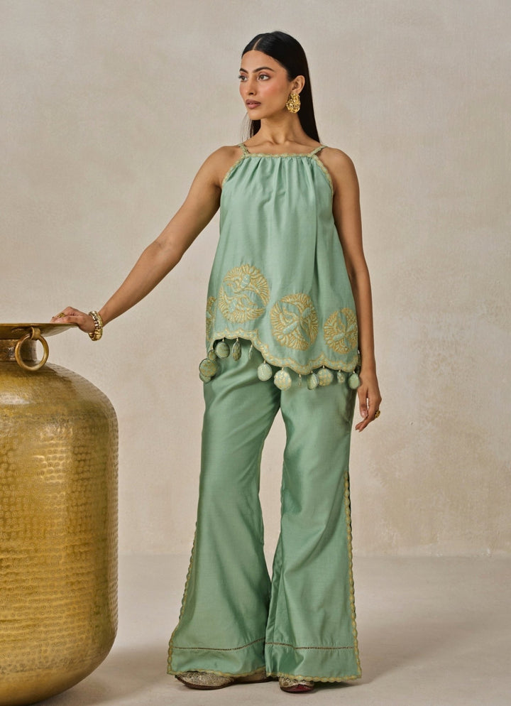 Nitika Gujral Sage Green Chanderi Applique Top And Palazzo SetFabilicious Fashion