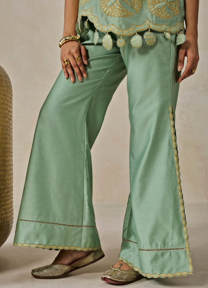 Nitika Gujral Sage Green Chanderi Applique Top And Palazzo SetFabilicious Fashion
