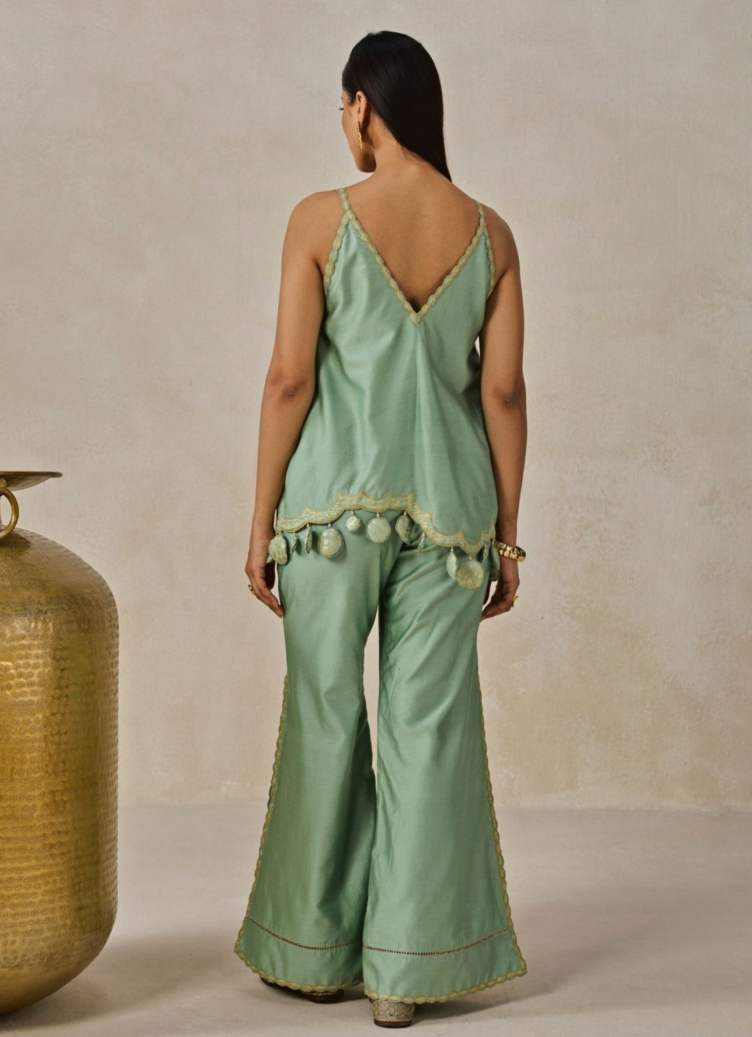 Nitika Gujral Sage Green Chanderi Applique Top And Palazzo SetFabilicious Fashion