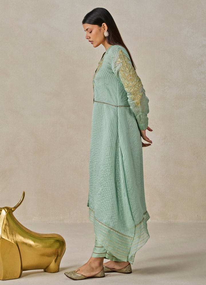 Nitika Gujral Sage Green Chanderi Asymmetrical Kurta Salwar SetFabilicious Fashion