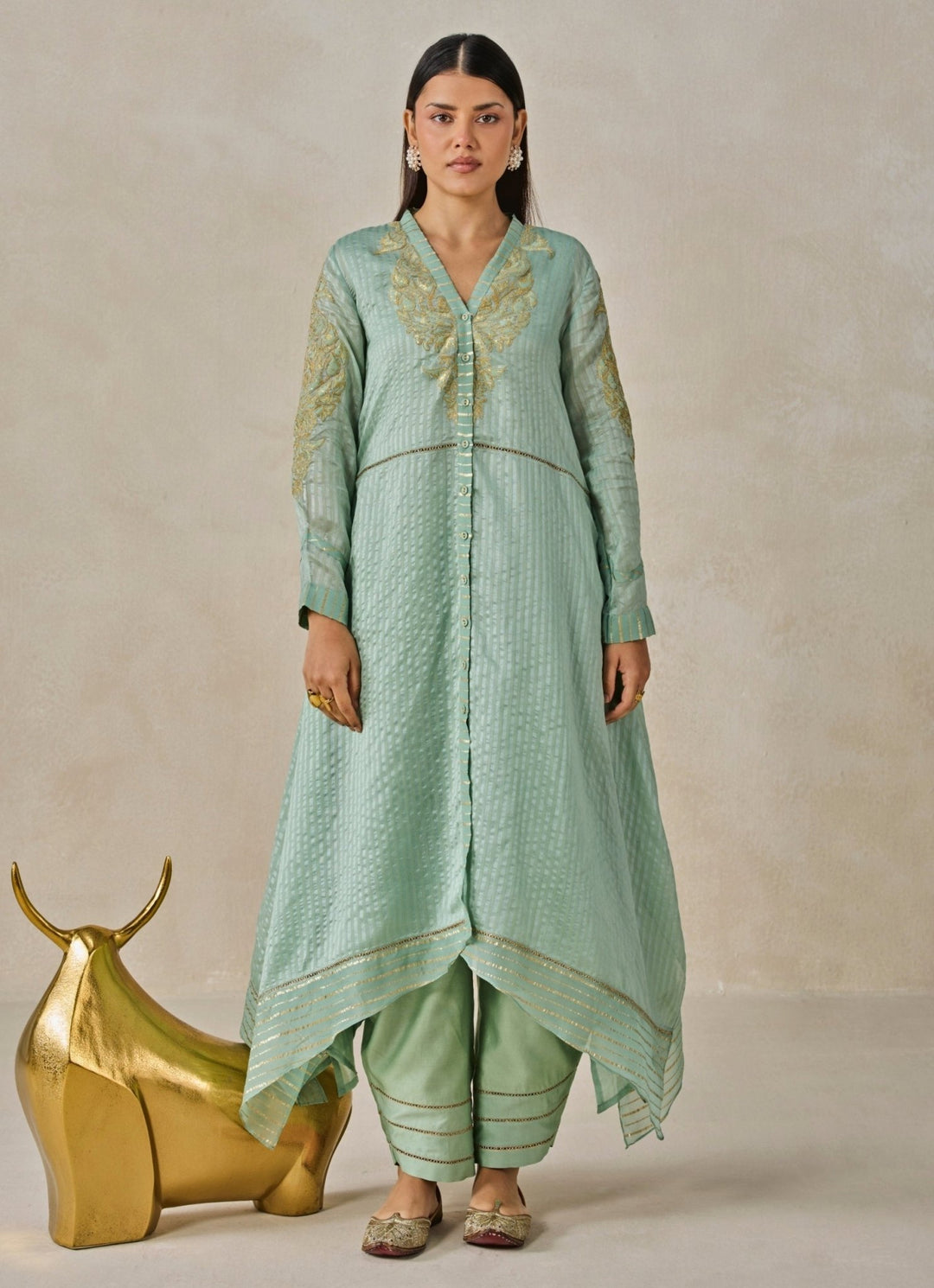 Nitika Gujral Sage Green Chanderi Asymmetrical Kurta Salwar SetFabilicious Fashion