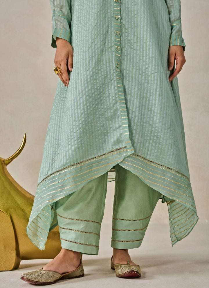 Nitika Gujral Sage Green Chanderi Asymmetrical Kurta Salwar SetFabilicious Fashion