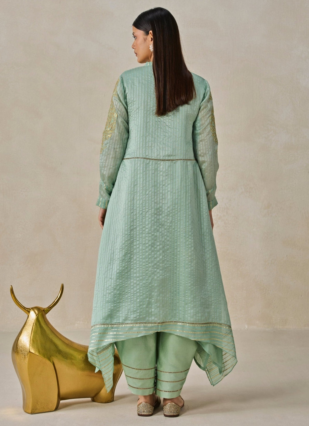 Nitika Gujral Sage Green Chanderi Asymmetrical Kurta Salwar SetFabilicious Fashion