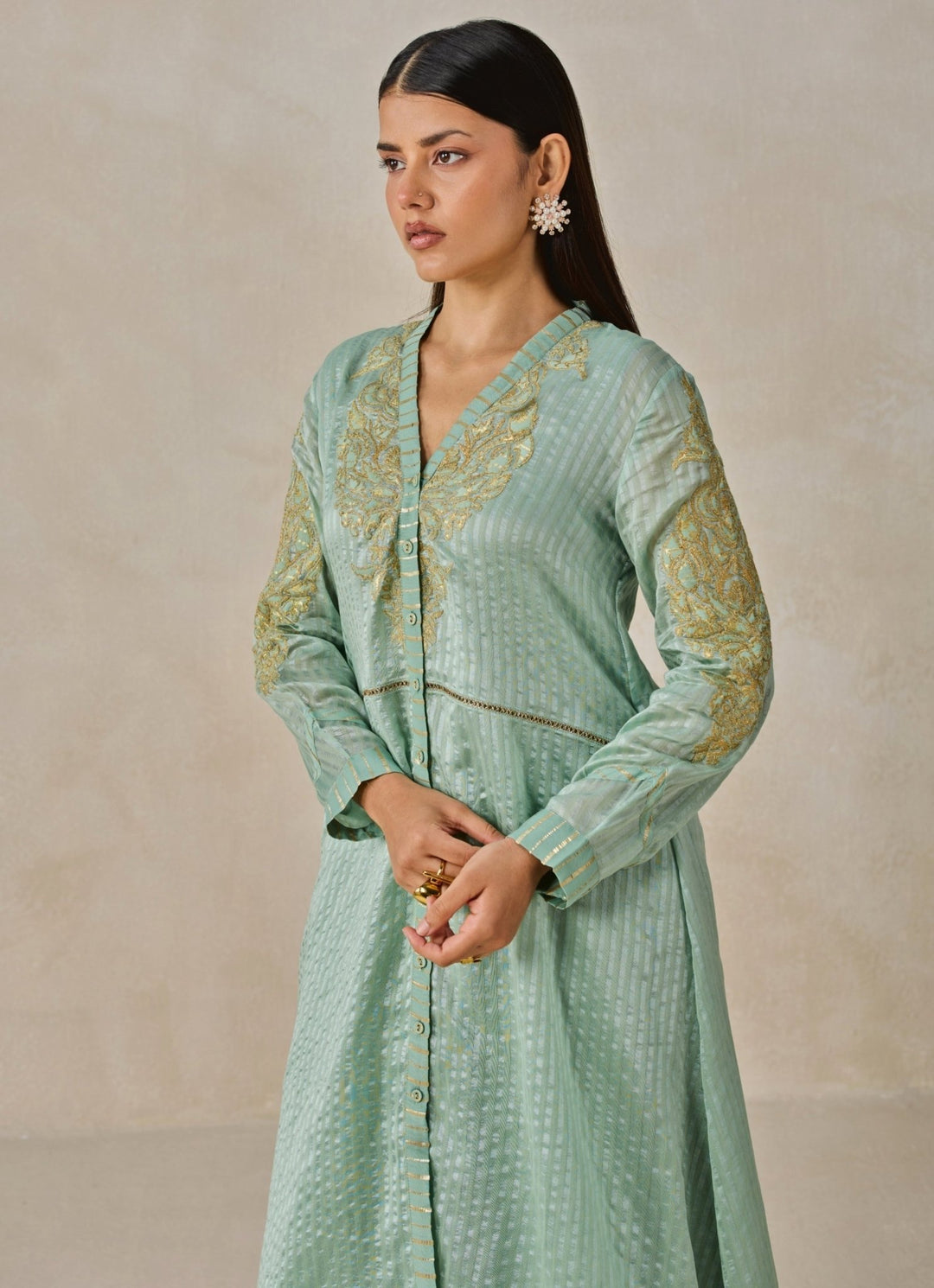 Nitika Gujral Sage Green Chanderi Asymmetrical Kurta Salwar SetFabilicious Fashion