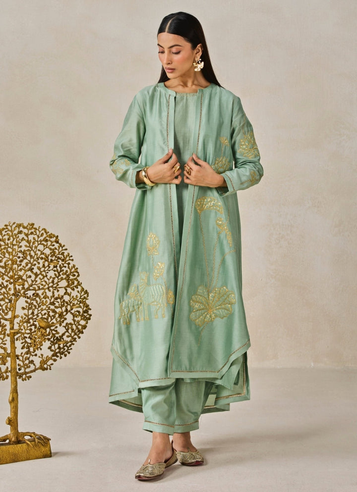 Nitika Gujral Sage Green Chanderi Kurta Salwar Set With JacketFabilicious Fashion